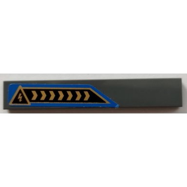 dark bluish gray tile 1 x 6 with gold chevrons and electricity danger triangle on back and blue background pattern model right side sticker - set 70731