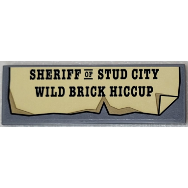 dark bluish gray tile 2 x 6 with sheriff of stud city wild brick hiccup on tan paper with folded corner pattern sticker - set 910016