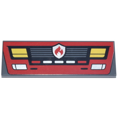 dark bluish gray tile 2 x 6 with red fire engine front end with grille silver reflectors and fire badge yellow headlights pattern
