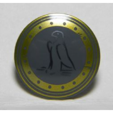 dark bluish gray minifigure shield circular round convex face with eagle outline and gold trim pattern
