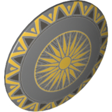 dark bluish gray minifigure shield circular round convex face with sunburst and gold trim pattern