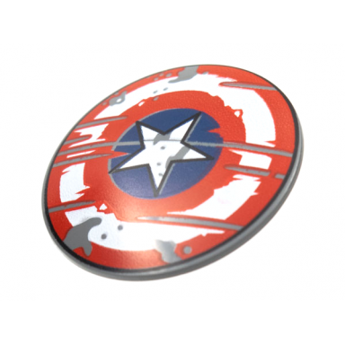 dark bluish gray minifigure shield circular round convex face with red and white concentric rings star in dark blue circle scratched and weathered pattern captain america