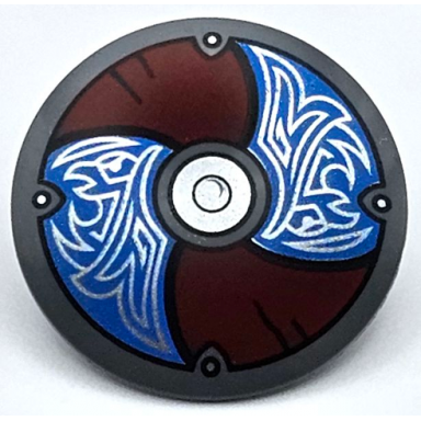 dark bluish gray minifigure shield circular round convex face with blue and dark red alternating panels with silver center circle and odins ravens pattern