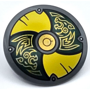 dark bluish gray minifigure shield circular round convex face with yellow and dark green alternating panels with gold center circle and odins wolves pattern