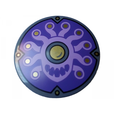 dark bluish gray minifigure shield circular round convex face with medium lavender monster with 10 tentacles gold eyes and rivets large eye black outline with crescent on dark purple background pattern beholder