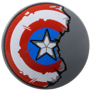 dark bluish gray minifigure shield circular round convex face with red and white concentric rings star in blue circle scratches and damaged half pattern captain america