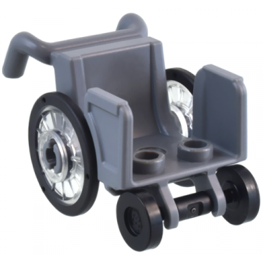 dark bluish gray minifigure utensil wheelchair with open sides and high arm rests with trans-clear wheelchair wheels with technic pin hole and black trolley wheels 80440 80441pb01 2496