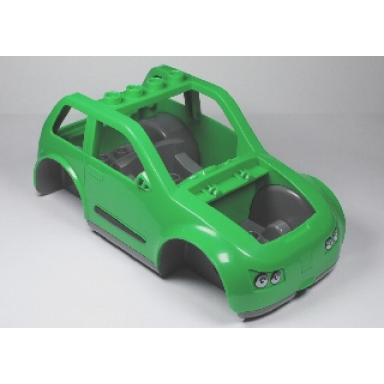dark bluish gray duplo toolo car chassis assembly with bright green body and dark bluish gray interior