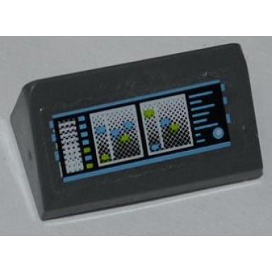 dark bluish gray slope 30 1 x 2 x 2 3 with screens and light blue and lime buttons and lights pattern sticker - set 6873