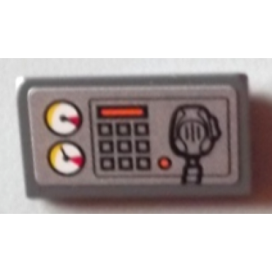 dark bluish gray slope 30 1 x 2 x 2 3 with white gauges buttons orange bar and radio on silver background pattern sticker - set 60004