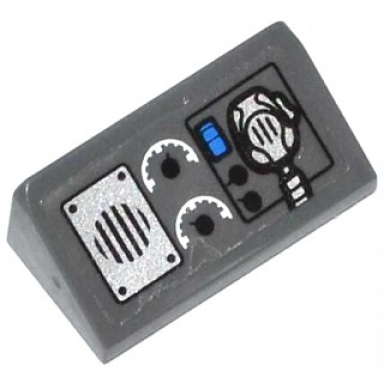 dark bluish gray slope 30 1 x 2 x 2 3 with speaker 2 gauges blue switch and radio pattern sticker - set 60047
