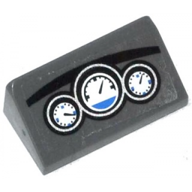 dark bluish gray slope 30 1 x 2 x 2 3 with 3 white and blue gauges on dashboard pattern sticker - set 60047