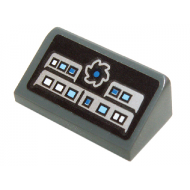 dark bluish gray slope 30 1 x 2 x 2 3 with saw blade and white and blue square buttons pattern sticker - set 70724