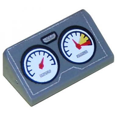 dark bluish gray slope 30 1 x 2 x 2 3 with 2 gauges and silver outline pattern