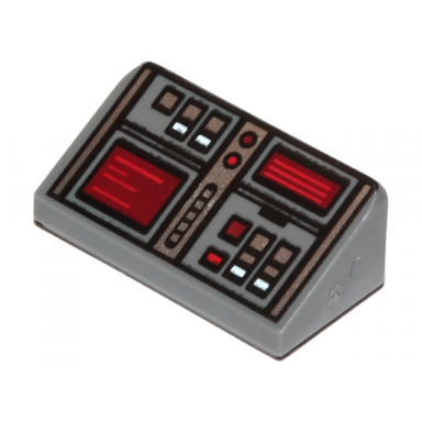 dark bluish gray slope 30 1 x 2 x 2 3 with red white and silver buttons dark red screens pattern