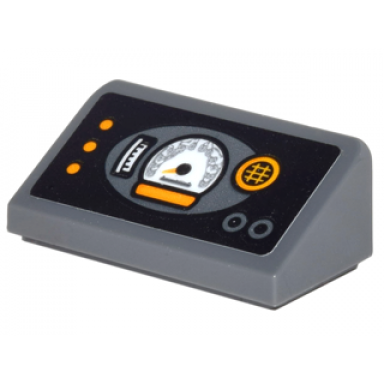 dark bluish gray slope 30 1 x 2 x 2 3 with dashboard with gauges and bright light orange buttons pattern sticker - set 70911