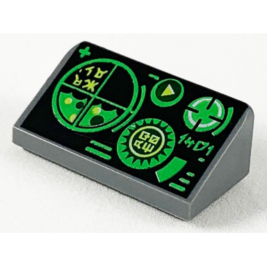 dark bluish gray slope 30 1 x 2 x 2 3 with green gauges and radar screen on black background pattern