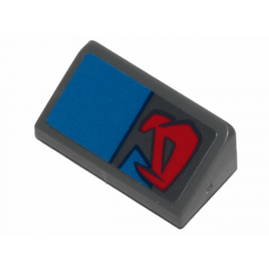 dark bluish gray slope 30 1 x 2 x 2 3 with red markings and blue rectangle pattern model left side sticker - set 75258