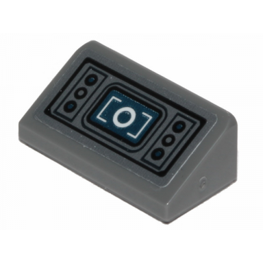 dark bluish gray slope 30 1 x 2 x 2 3 with dark blue monitor and six buttons pattern sticker - set 75262