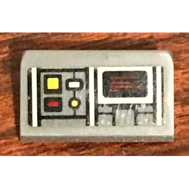 dark bluish gray slope 30 1 x 2 x 2 3 with sw control panel with screen red white and yellow square buttons pattern sticker - set 75158