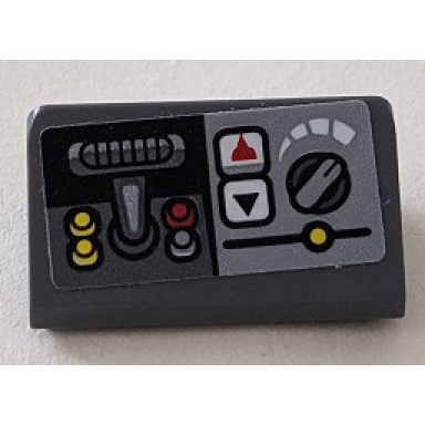 dark bluish gray slope 30 1 x 2 x 2 3 with control panel with buttons and switches pattern sticker - set 70915
