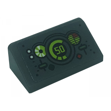dark bluish gray slope 30 1 x 2 x 2 3 with control panel with buttons levers and speedometer with lime number 50 pattern sticker - set 71745