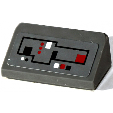 dark bluish gray slope 30 1 x 2 x 2 3 with control panel with black red and white circuitry with lines dots and squares pattern sticker - set 75025