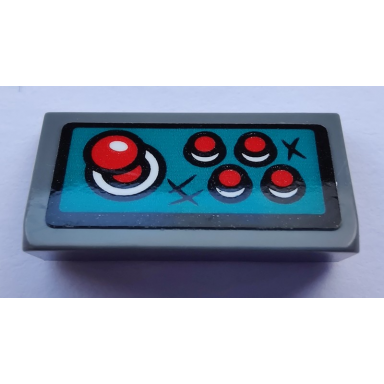 dark bluish gray slope 30 1 x 2 x 2 3 with 4 red buttons and joystick pattern sticker - set 80012