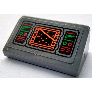 dark bluish gray slope 30 1 x 2 x 2 3 with display screen with orange radar map green and red circles and lines pattern sticker - set 76240