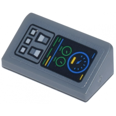 dark bluish gray slope 30 1 x 2 x 2 3 with control panel with buttons switches and blue and green gauges and stripes pattern model left side sticker - set 76269