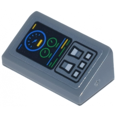 dark bluish gray slope 30 1 x 2 x 2 3 with control panel with buttons switches and blue and green gauges and stripes pattern model right side sticker - set 76269