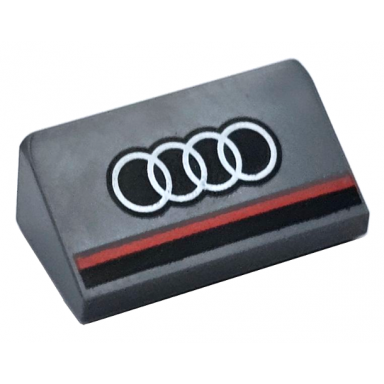 dark bluish gray slope 30 1 x 2 x 2 3 with black and red stripes and white audi logo pattern