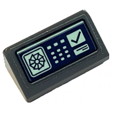 dark bluish gray slope 30 1 x 2 x 2 3 with control panel with light aqua buttons and check mark on dark blue screen pattern sticker - set 76122