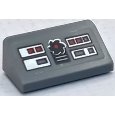dark bluish gray slope 30 1 x 2 x 2 3 with control panel with black dial red buttons and lights on silver rectangles pattern sticker - set 70726