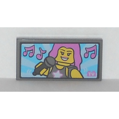 dark bluish gray tile 2 x 4 with pop star with microphone and music notes on tv screen pattern