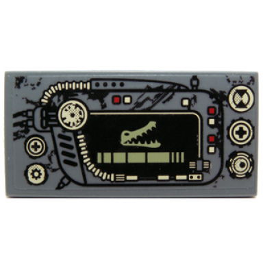 dark bluish gray tile 2 x 4 with croc head display buttons and dials pattern sticker - set 70014