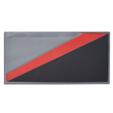dark bluish gray tile 2 x 4 with black triangle lower right and red diagonal stripe pattern