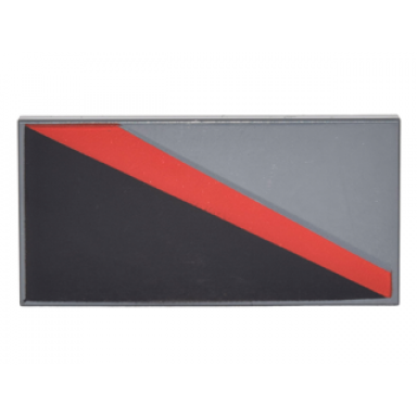 dark bluish gray tile 2 x 4 with black triangle lower left and red diagonal stripe pattern