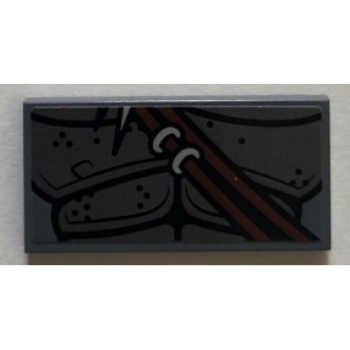 dark bluish gray tile 2 x 4 with pearl dark gray armor and metallic silver spikes on reddish brown sash lower pattern sticker - set 76075
