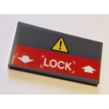dark bluish gray tile 2 x 4 with yellow triangle with exclamation mark white arrows and lock on red background pattern sticker - set 60125