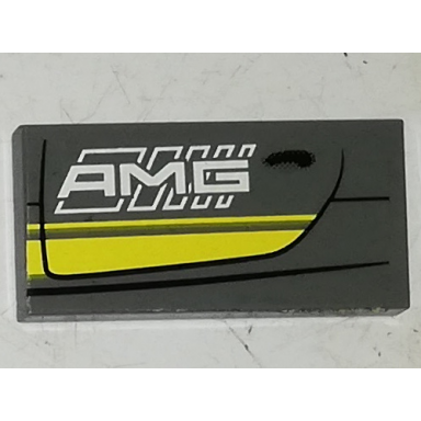 dark bluish gray tile 2 x 4 with double yellow stripes and white amg on dark bluish gray background pattern model left side sticker - set 75877