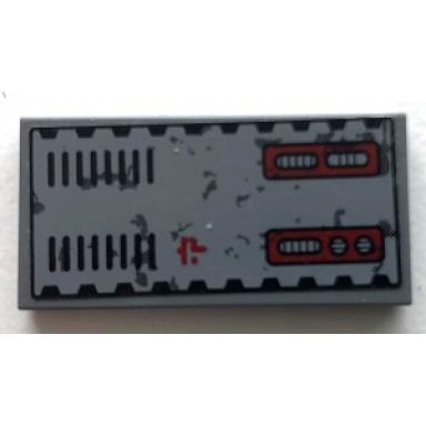 dark bluish gray tile 2 x 4 with weathered vents and buttons pattern model right side sticker - set 70009