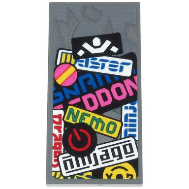 dark bluish gray tile 2 x 4 with black ninjago green nemo white ninja silhouette power button yellow stripe and partial text pattern sticker - set 71710