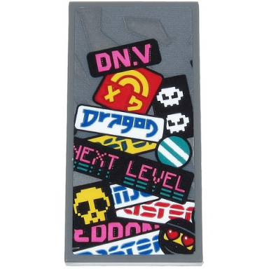 dark bluish gray tile 2 x 4 with dark pink dn.v and next level blue dragon yellow skull faces stripes and partial text pattern sticker - set 71710