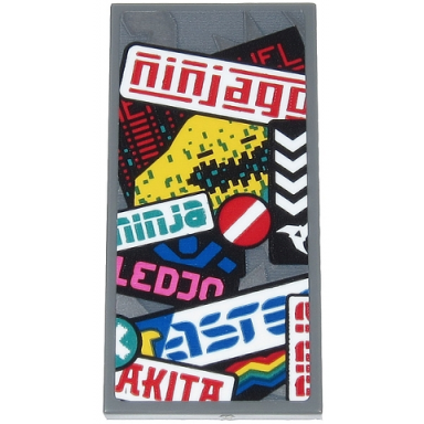dark bluish gray tile 2 x 4 with red ninjago green ninja blue ninja silhouette white stripe on red circle and partial text pattern sticker - set 71710