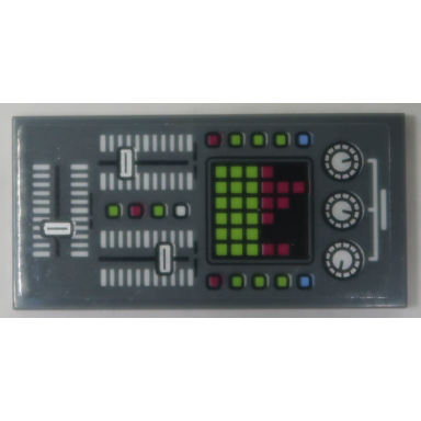 dark bluish gray tile 2 x 4 with dj mixing console with knobs faders lights and buttons pattern sticker - set 70919