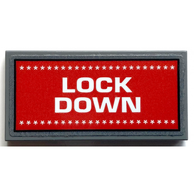 dark bluish gray tile 2 x 4 with white lock down and stars on red background pattern sticker - set 70912