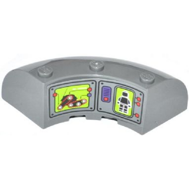 dark bluish gray brick round corner 6 x 6 x 2 with garmatron and minifigure on screens pattern sticker - set 70504