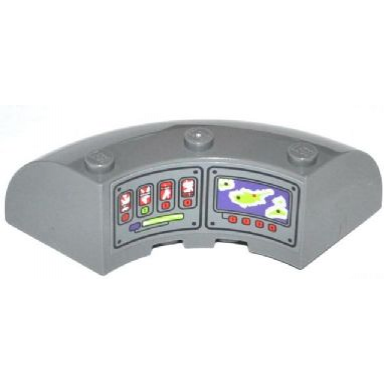 dark bluish gray brick round corner 6 x 6 x 2 with gauges numbered buttons and map screen pattern sticker - set 70504