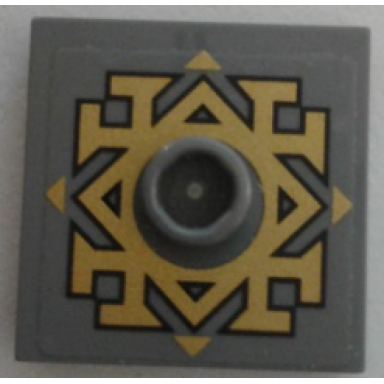 dark bluish gray plate modified 2 x 2 with groove and 1 stud in center with gold arkenstone pattern sticker - set 79018